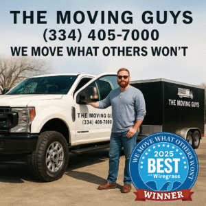 A bearded man in a gray shirt and jeans stands proudly next to a white "The Moving Guys" truck and black enclosed trailer, displaying a "Best of the Wiregrass 2025 Winner" badge. The company name and phone number (334) 405-7000 are visible, along with the slogan "WE MOVE WHAT OTHERS WON'T